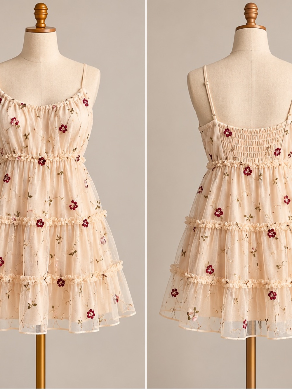 Cream Floral Tiered Mesh Sundress with Burgundy Accents